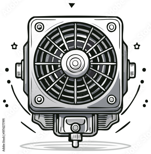 Dynamic monochrome illustration of a 3D printer hotend assembly with a cooling fan and nozzle.