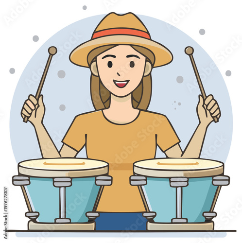 Smiling woman wearing a hat playing bongo drums with drumsticks in a cheerful artistic illustration
