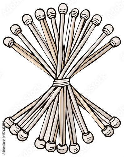 Bundle of wooden matches, a collection of fire starters, with rounded heads, tied together.