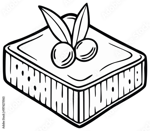 Black and white line art of a rectangular block of Mediterranean cheese with olives
