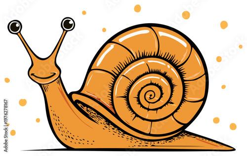 Cartoon Orange Snail with Eyes on Stalks and Spiral Shell Crawling with Smiling Face