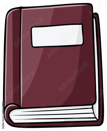 A maroon hardcover book with a white label on the cover, presented in a simple illustration style.