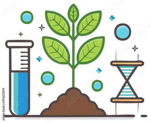 Plant growth with science equipment, test tube and hourglass illustration