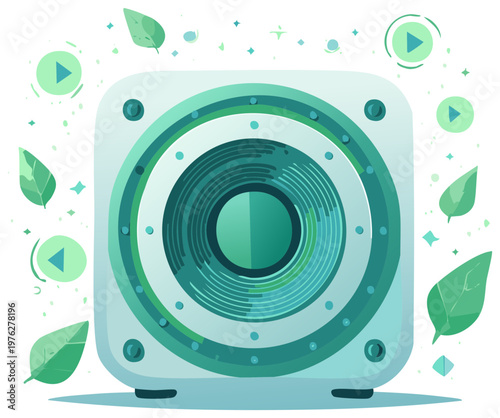 Green speaker illustration with floating leaves and play icons for a natural sound and music concept