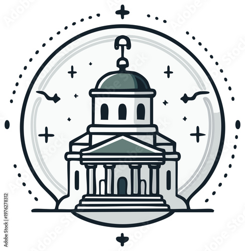 Stylized Nordic cathedral with a dome in a magical celestial orb icon