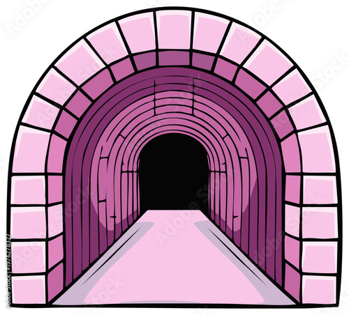 Cartoon perspective view of a long pink and purple stone archway leading into darkness