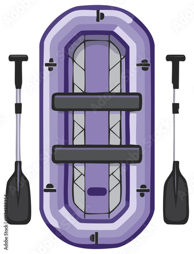 Vector illustration of a purple inflatable boat and two paddles for water sports and adventure