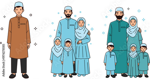 Muslim Family Character Set with Traditional Islamic Clothing, Parents, Children, and Standing Male Figure Cartoon Vector Illustration