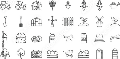 Farming and Agriculture Icon Set with Tractors, Plants, Tools, and Equipment for Agriculture, Gardening, and Digital Media Designs