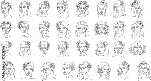 Floral Headpiece Icon Set with Women Illustrations and Flower Crowns for Weddings, Fashion, and Digital Media Designs