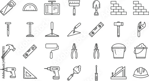 Construction Tools and Equipment Icon Set with Hammers, Drills, Saw, and Measuring Instruments for Builders, Contractors, and Digital Media Designs
