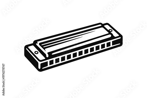 Black and white illustration of a harmonica on a white background, simple musical instrument icon