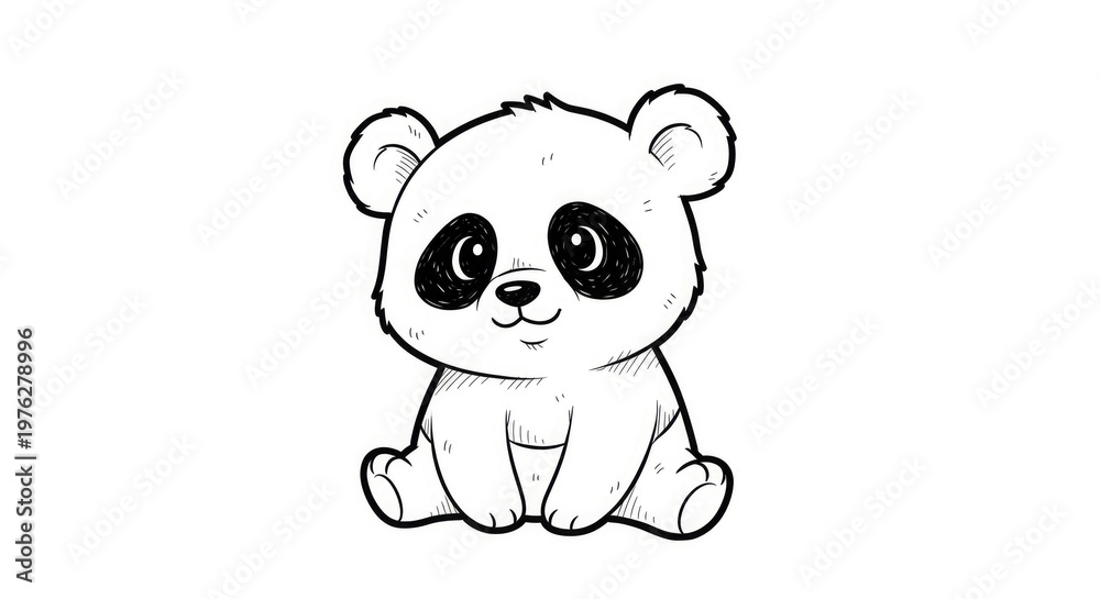 Fototapeta premium Cute panda bear cartoon sitting with big eyes and sweet expression on white background