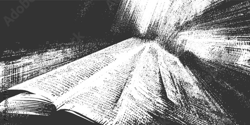 Open book with textured pages and radiating lines creating a dramatic effect writing