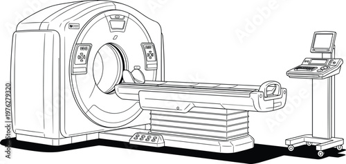 CT scan machine medical equipment illustration, hospital radiology diagnostic scanner with patient table and control console, healthcare technology vector isolated design