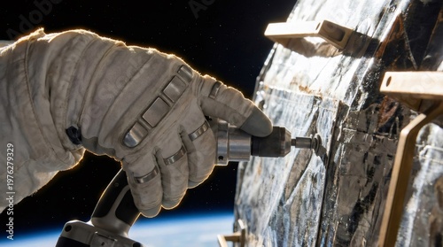 Astronaut hand in a pressurized glove using a power tool to perform maintenance or repair work on a satellite or space station module, with Earth and stars in the background