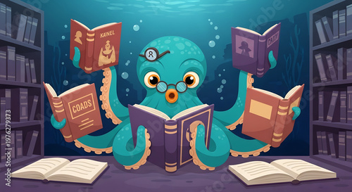A cartoon octopus wearing glasses reads multiple books in a library underwater scene