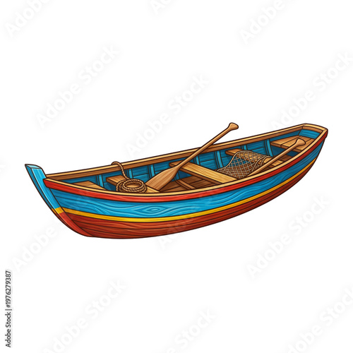 Colorful wooden pirogue fishing boat with oars and net isolated on white background