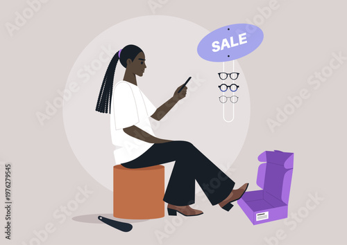 Excitement fills the air as a person tries on stylish shoes at a trendy boutique fitting room