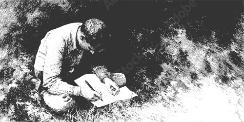 Man in a hat and collared shirt crouches in a textured dark environment writing on paper with a pen next to a round