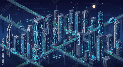 Futuristic neon cyberpunk city skyline with highrise glass towers.