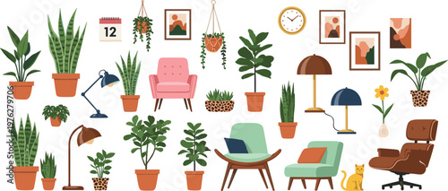 Indoor Plant and Living Room Furniture Collection with Cozy Home Decor Elements for Modern Interior Design and Botanical Illustration Projects