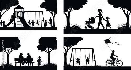 Family park activities silhouette set with playground, walking mother, children, cycling and relaxing scenes, vector illustration isolated on white background for lifestyle design