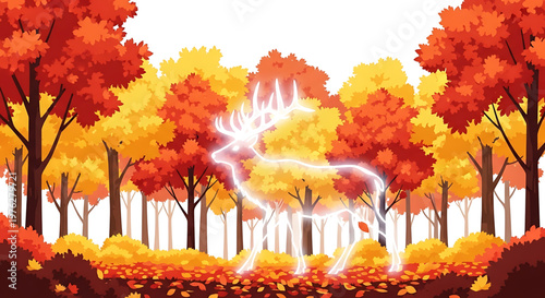 A glowing deer stands in a vibrant autumn forest with colorful trees and fallen leaves.