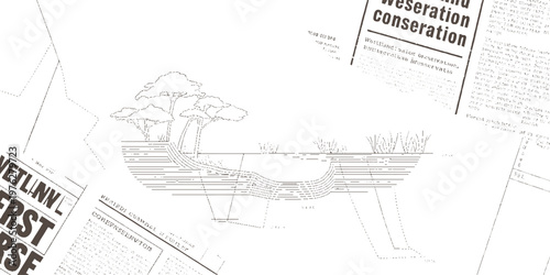 Cross section diagram of wetland ecosystem with trees and grasses on textured paper background