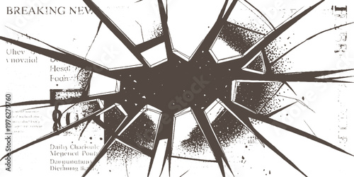 Shattered newspaper with breaking news headline and abstract dark brown shards text