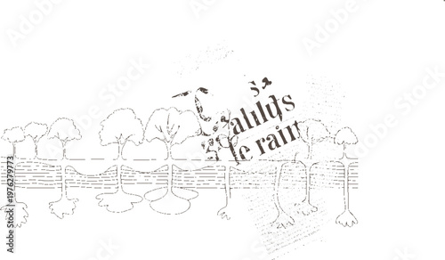 Stylized of trees with visible root systems and layered soil strata overlaid with fragmented text fragments