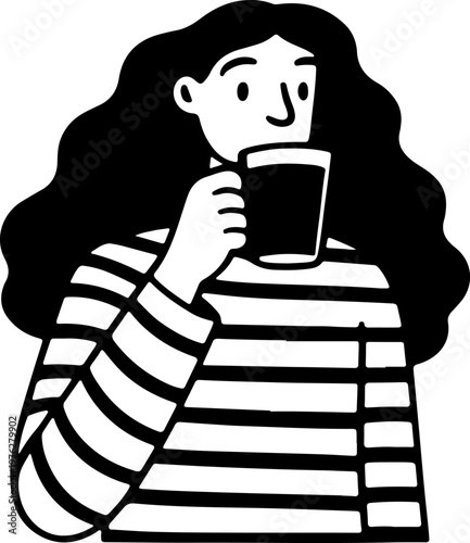 Illustration of a woman with long hair drinking from a mug on a white background isolated