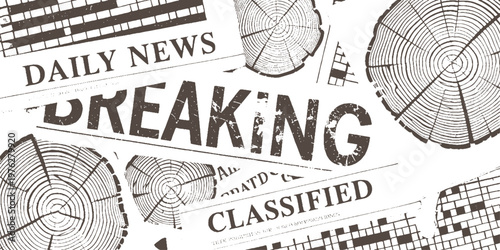 Vintage newspaper clippings featuring breaking news and classified ads with wood grain textures