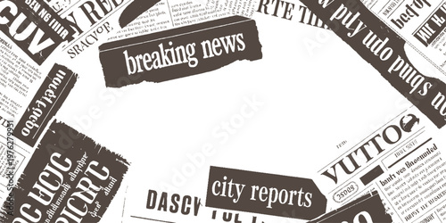 A collage of newspaper clippings with headlines like breaking news and city reports in brown and white