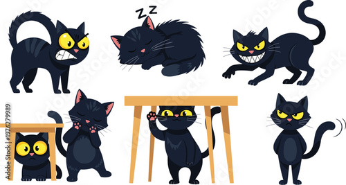 Cute Black Cat Cartoon Character Set with Different Emotions and Poses Funny Kitten Collection Vector Illustration