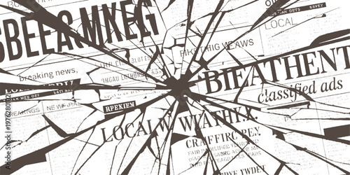 Shattered newspaper headlines with dark brown abstract lines and text fragments breaking classified