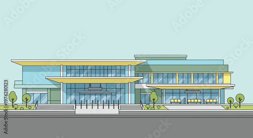 Modern Train Station Building Vector Illustration Front View Flat Design