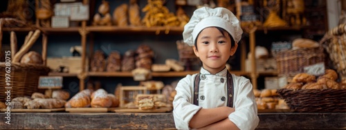 Young Child Dressed as Baker in a Cozy Bakery Shop Surrounded by Fresh Bread and Delicious Cake