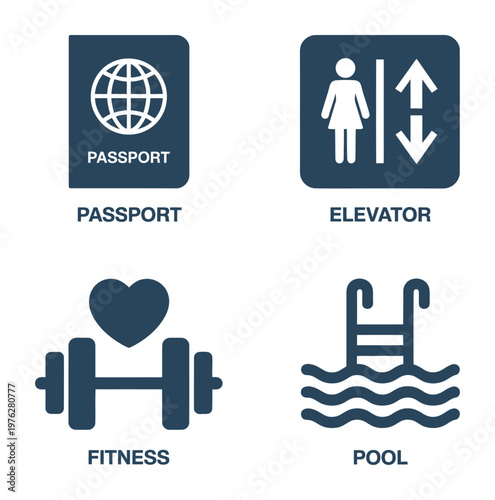 A vector illustration featuring passport, elevator, fitness, and pool icons in a modern design