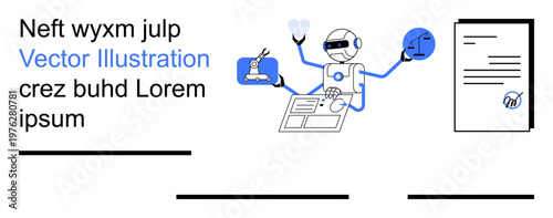 Artificial intelligence, research, technology integration, automation, scientific innovation, document analysis. a robot interacting with documents, microscope and digital tools. AI and research