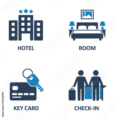 A vector illustration of hotel amenities including a building room key card and check-in process