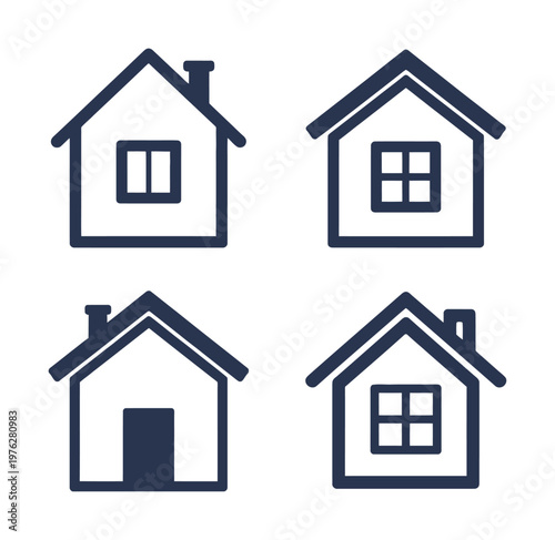 A vector illustration featuring four minimalist house icons, each with unique roof designs and window placements.