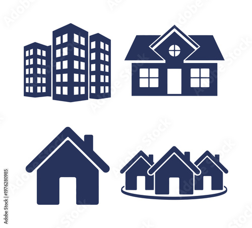 A vector illustration of a residential area featuring buildings including apartment complexes, detached houses, and a suburban community