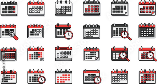 Set of 24 calendar vector icons displaying various date and time related functions in modern style.