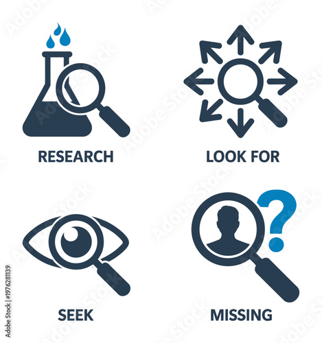 A vector graphic showing icons for research, seeking, looking for, and missing elements with magnifying glasses