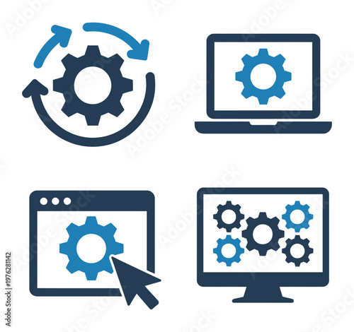Software development workflow icon set with gear system laptop screen automation vector