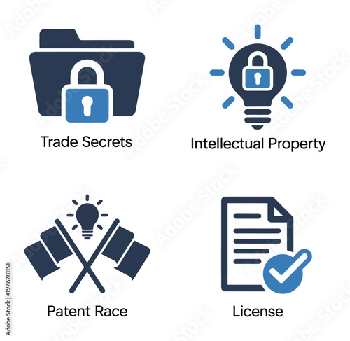 Vector image showing icons for trade secrets, intellectual property, patent race, and license with lock and lightbulb symbols