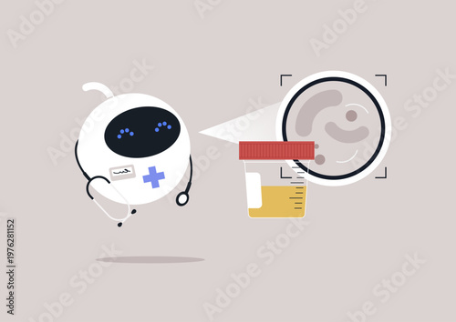 A friendly robot engages in medical screening, carefully examining a test sample, High-tech tools enhance its abilities, promoting better healthcare experiences for patients.