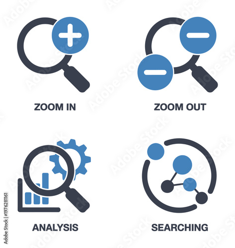A vector illustration showing magnifying glass icons representing zooming in and out, analysis, and searching