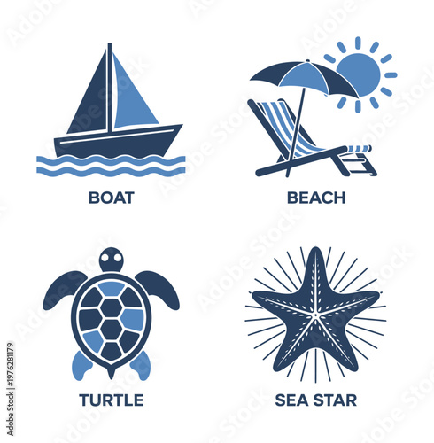 A vector illustration of beach-themed icons including a boat, turtle, sea star and beach chair with umbrella